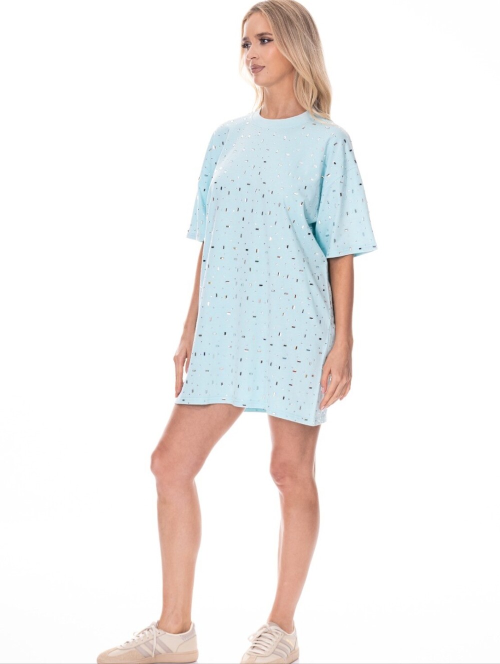 100% Cotton Light Blue Rhinestone Short Sleeve T-Shirt Dress